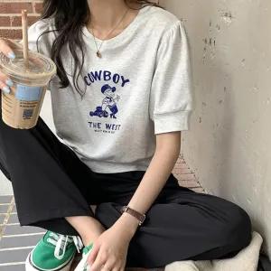 [Korean Style] Graphic Cartoon Print Short Sleeve Crop Sweatshirt