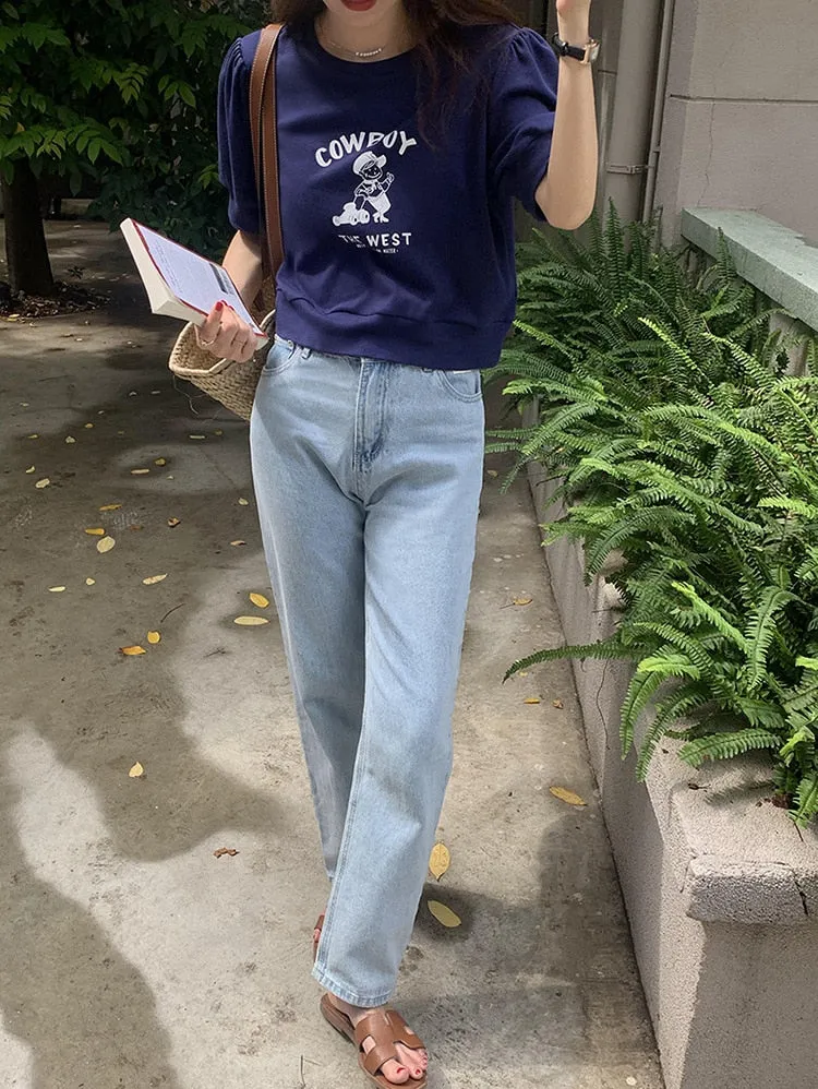 [Korean Style] Graphic Cartoon Print Short Sleeve Crop Sweatshirt