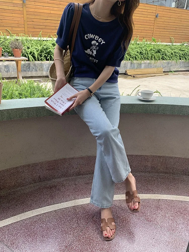 [Korean Style] Graphic Cartoon Print Short Sleeve Crop Sweatshirt