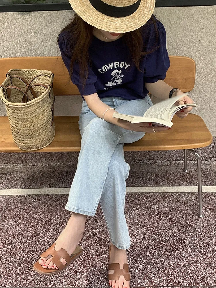 [Korean Style] Graphic Cartoon Print Short Sleeve Crop Sweatshirt