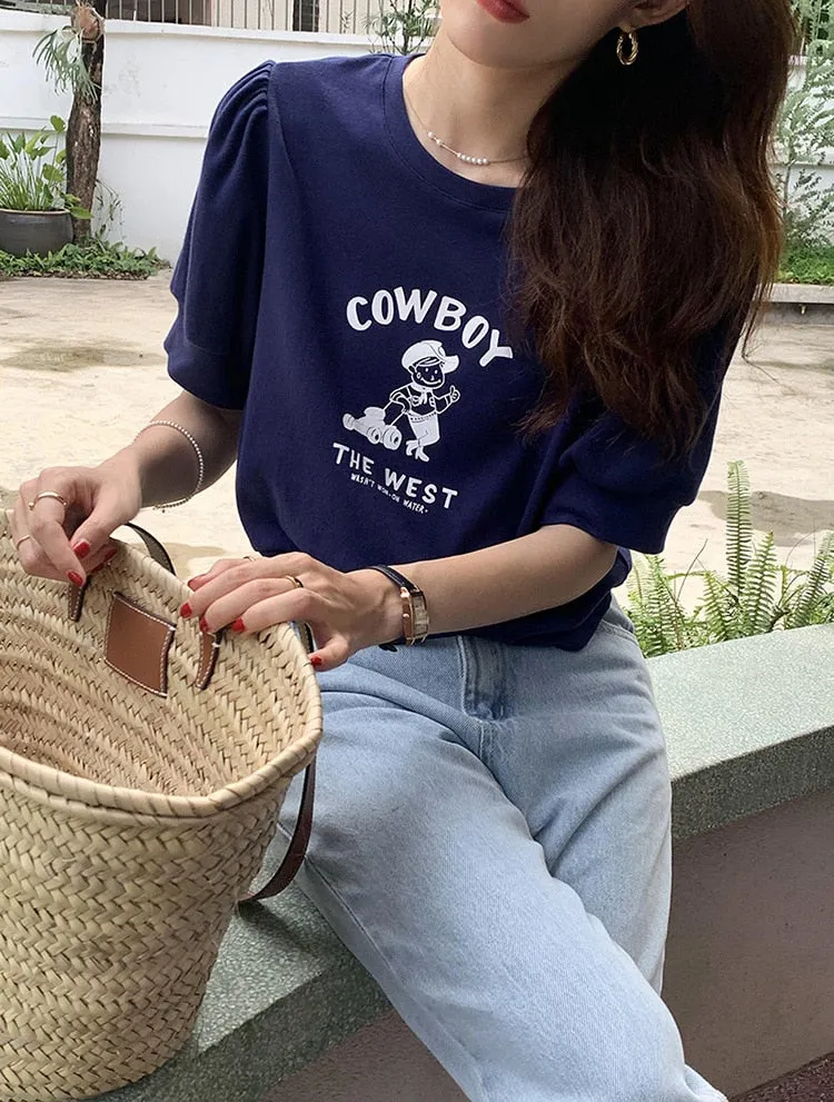 [Korean Style] Graphic Cartoon Print Short Sleeve Crop Sweatshirt