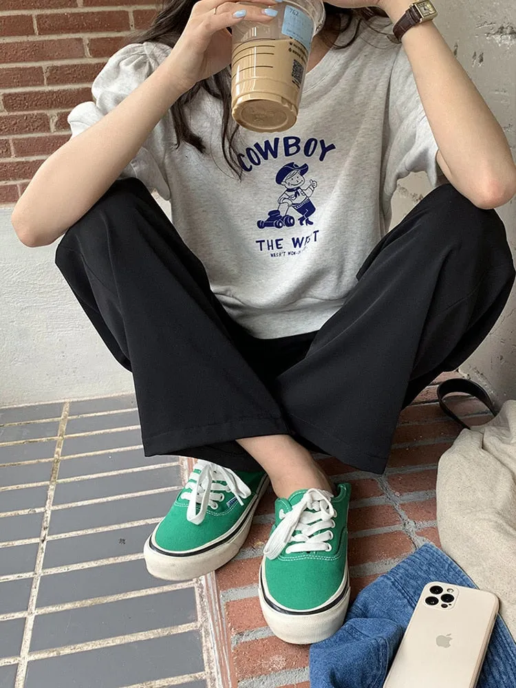 [Korean Style] Graphic Cartoon Print Short Sleeve Crop Sweatshirt
