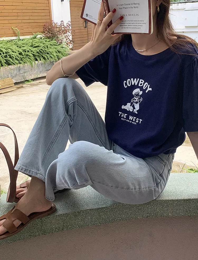 [Korean Style] Graphic Cartoon Print Short Sleeve Crop Sweatshirt