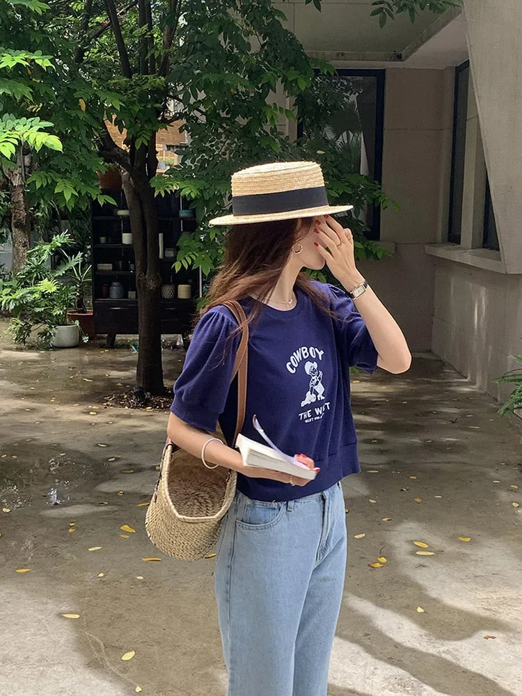 [Korean Style] Graphic Cartoon Print Short Sleeve Crop Sweatshirt