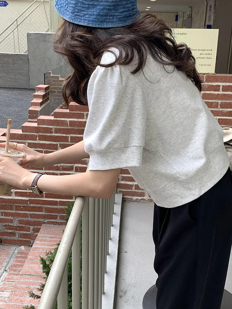 [Korean Style] Graphic Cartoon Print Short Sleeve Crop Sweatshirt