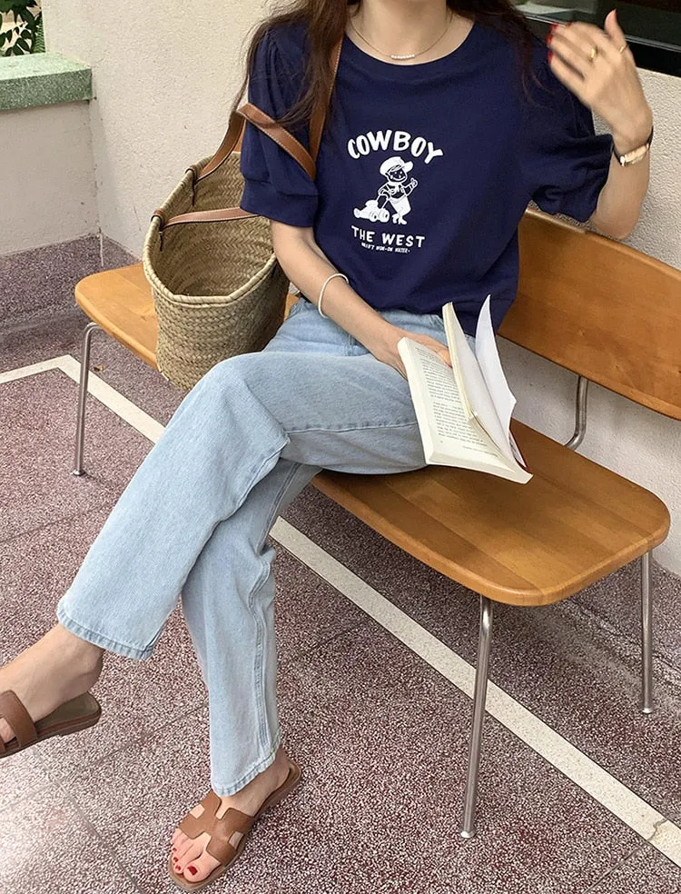 [Korean Style] Graphic Cartoon Print Short Sleeve Crop Sweatshirt