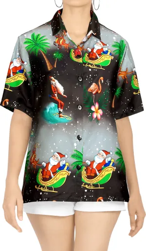 LA LEELA Christmas Womens Hawaiian Blouse Shirt Relaxed Fit Tropical Beach Shirt Printed