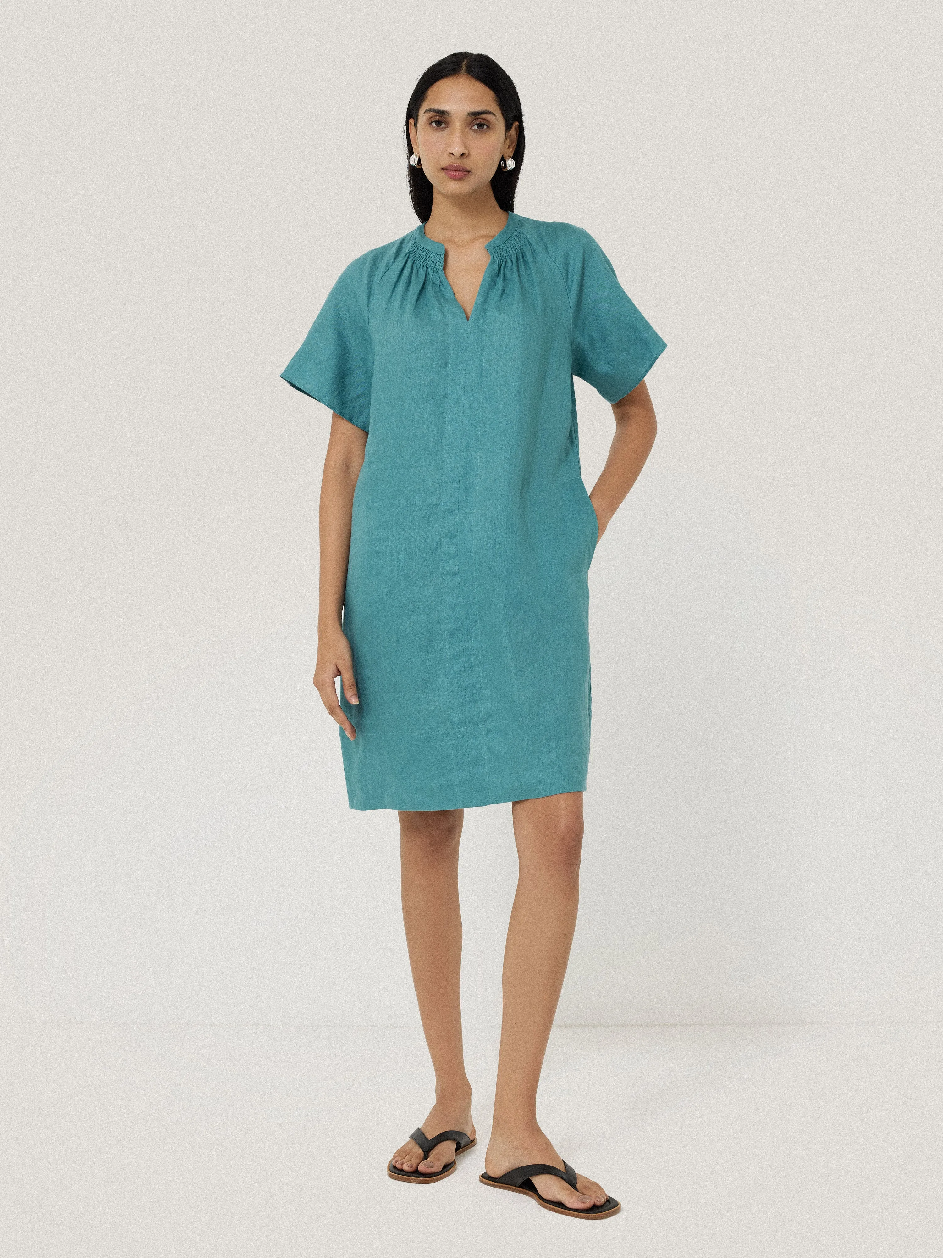 Linen Smocked T-shirt Dress | Blue