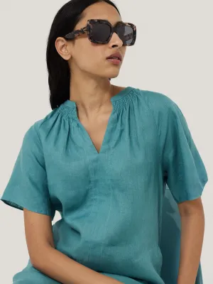 Linen Smocked T-shirt Dress | Blue