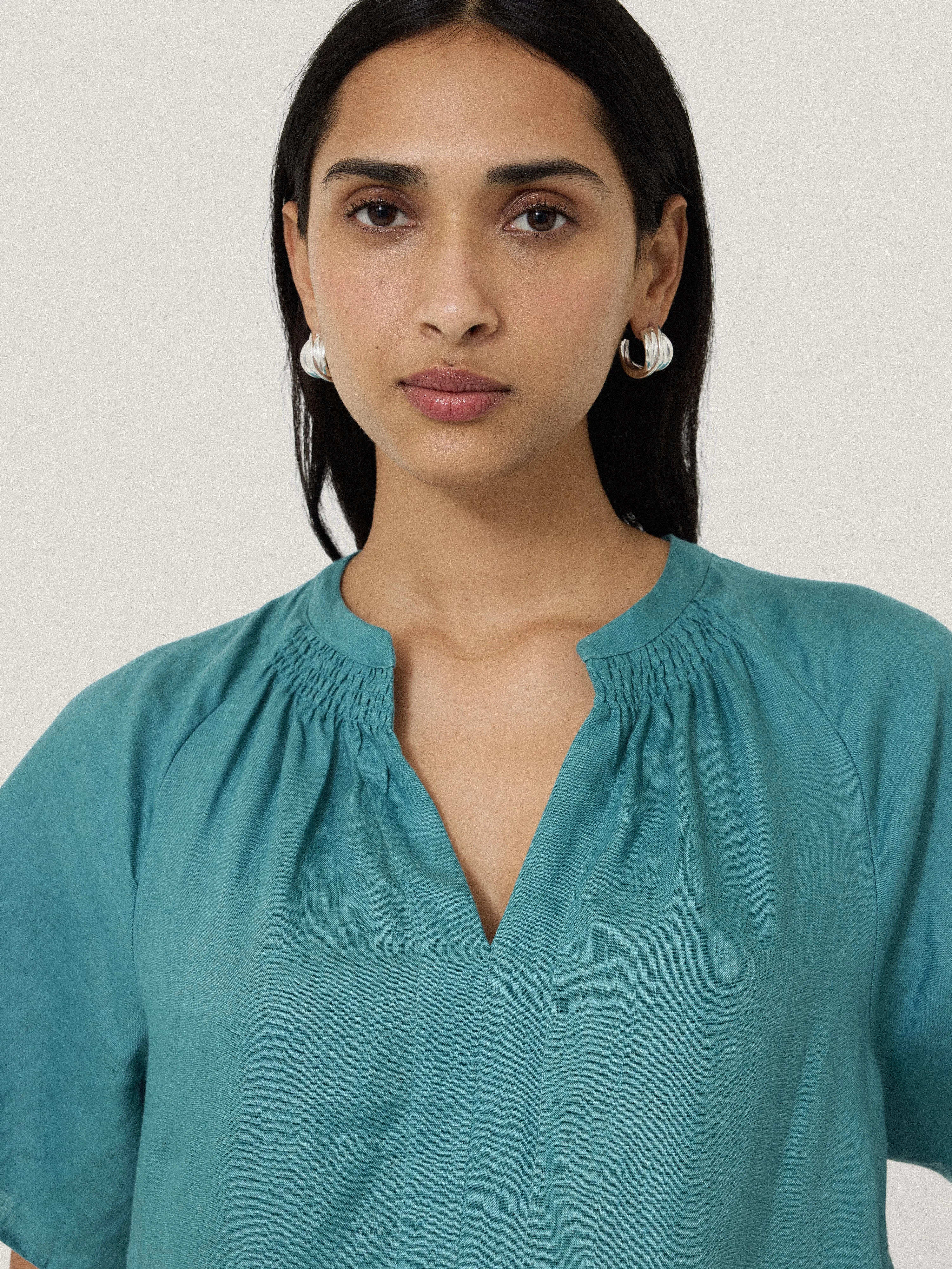 Linen Smocked T-shirt Dress | Blue
