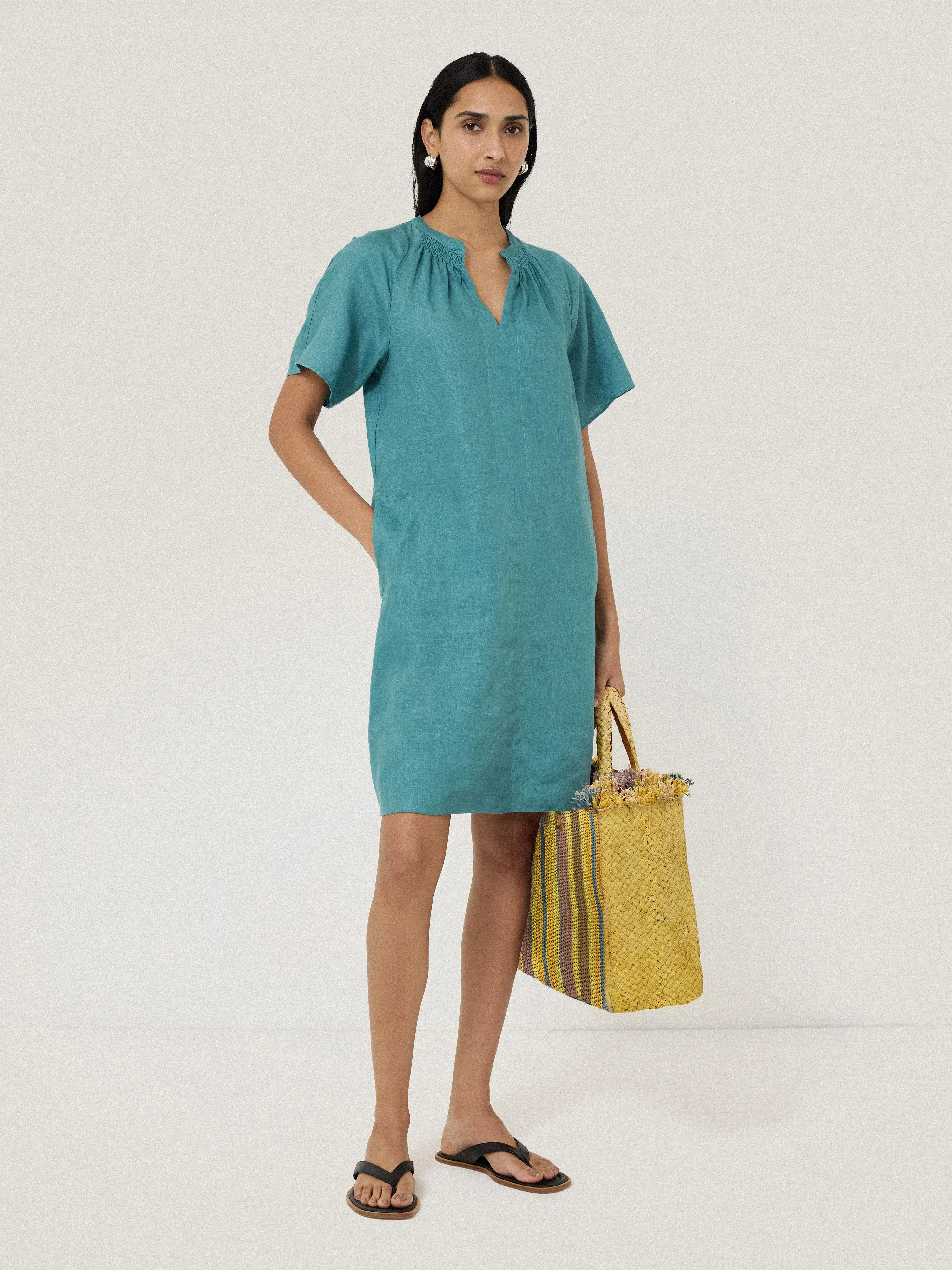 Linen Smocked T-shirt Dress | Blue