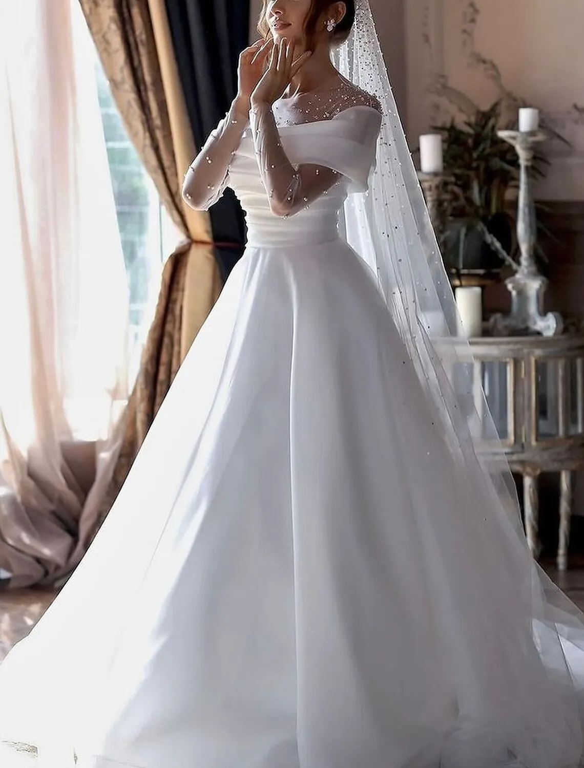 Luolandi Beach Little White Dresses Formal Wedding Dresses A-Line Illusion Neck Long Sleeve Floor Length Tulle Bridal Gowns With Ruched