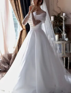 Luolandi Beach Little White Dresses Formal Wedding Dresses A-Line Illusion Neck Long Sleeve Floor Length Tulle Bridal Gowns With Ruched
