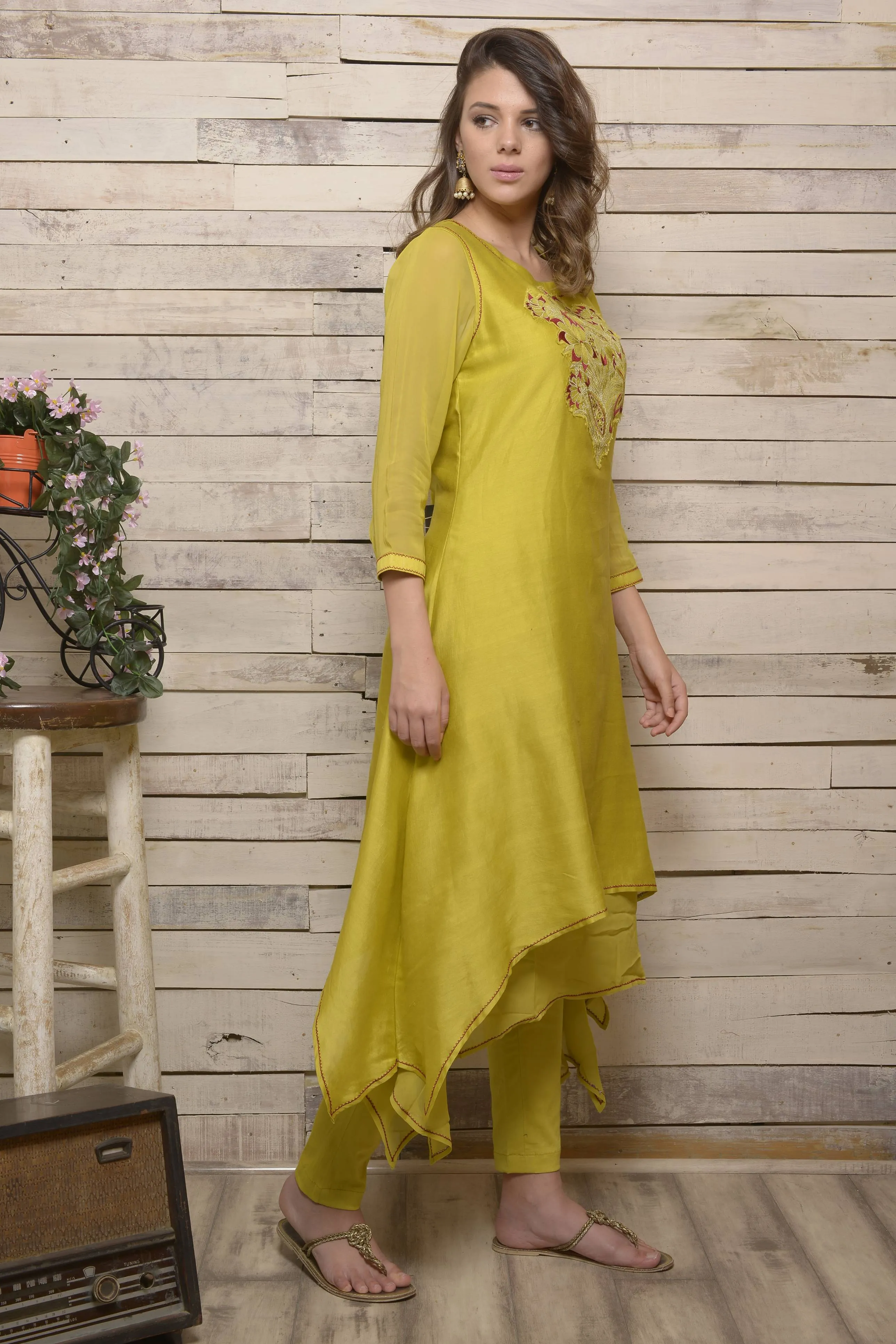 Mehndi Green Chanderi Kurta with Pants