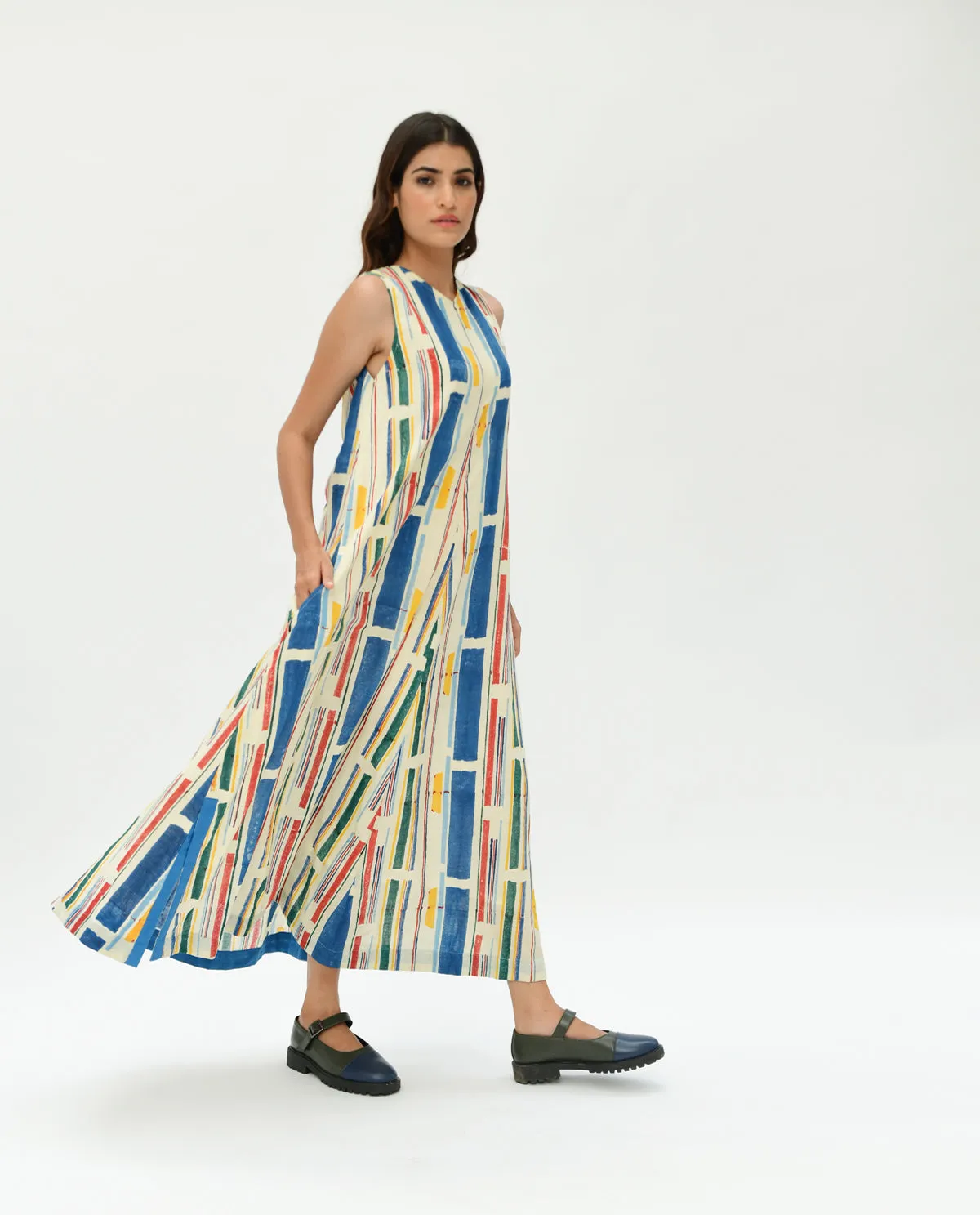 Multicolor Printed Stripes Maxi Dress