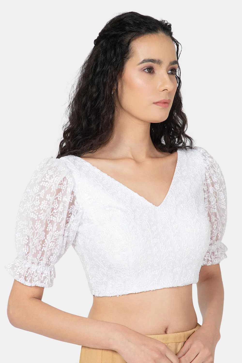 Naidu Hall Ethnic Synthetic Saree Blouse with V- Neck Short Sleeves - White