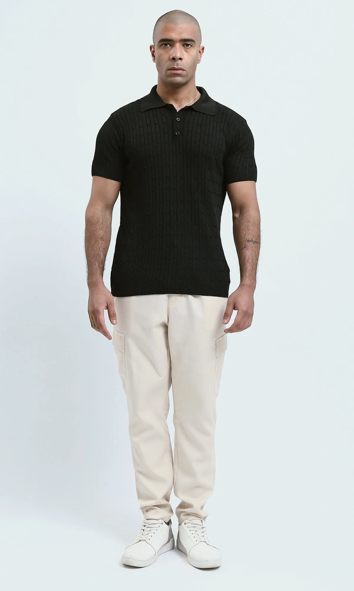 O183060 Relaxed Fit Black Solid Buttoned Polo Shirt