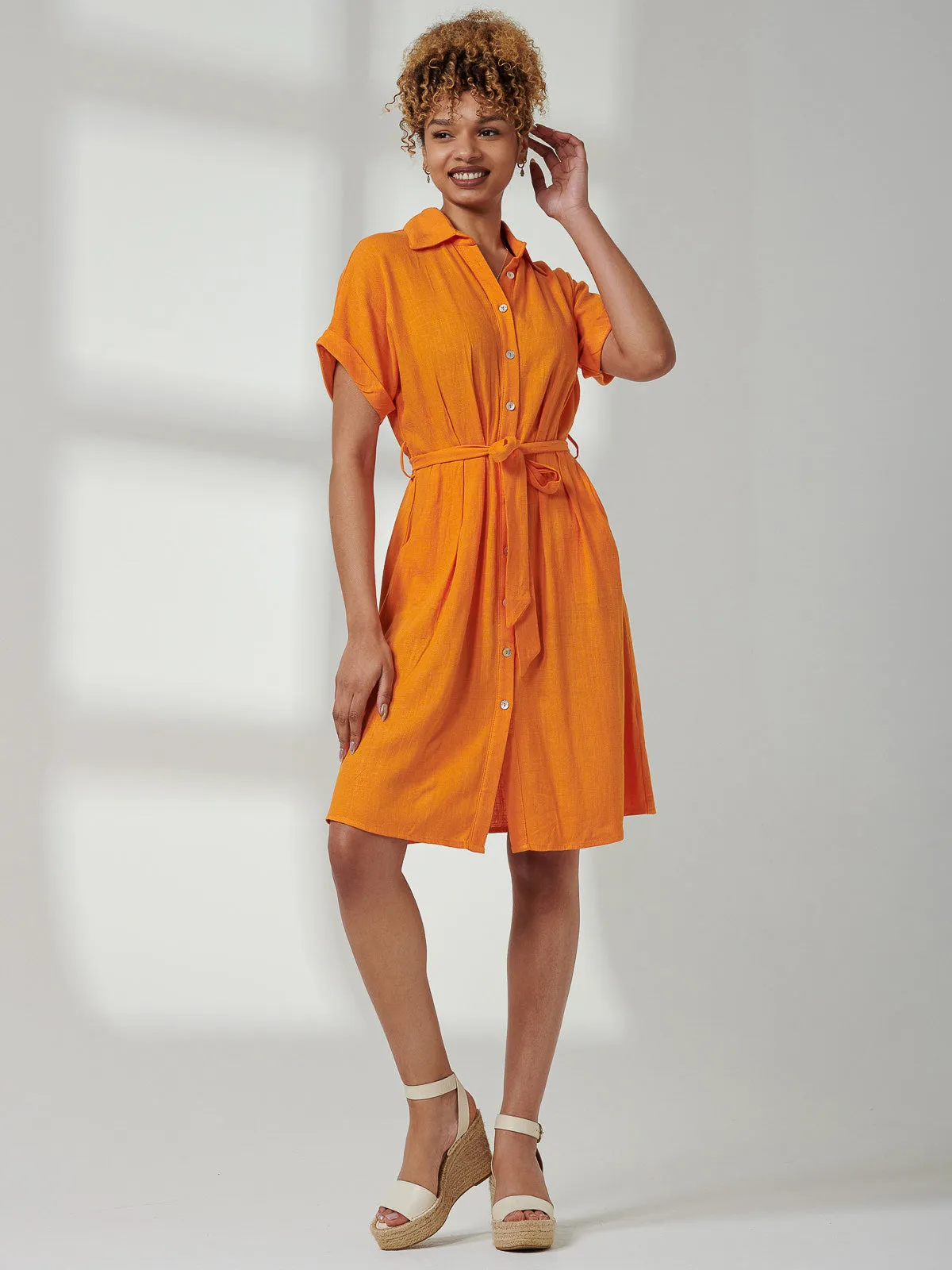 Olivea Linen Drop Shoulder Shirt Dress, Orange