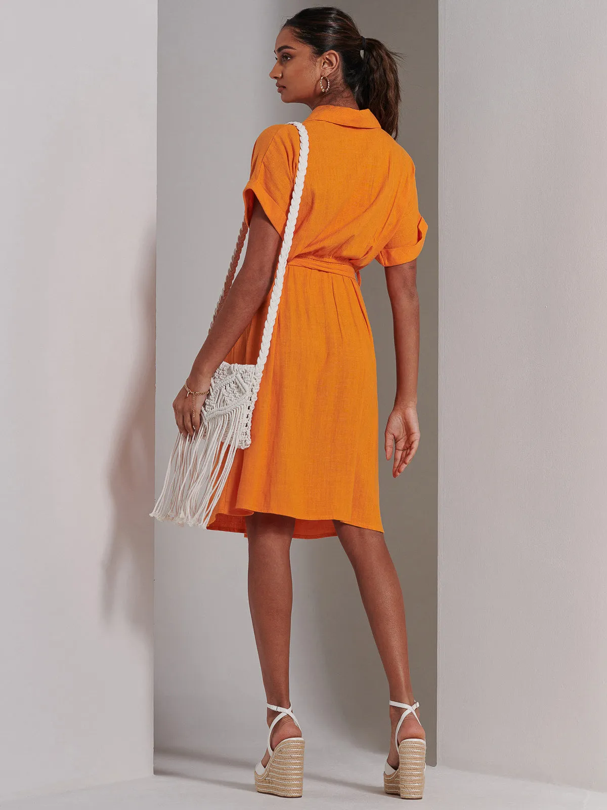 Olivea Linen Drop Shoulder Shirt Dress, Orange