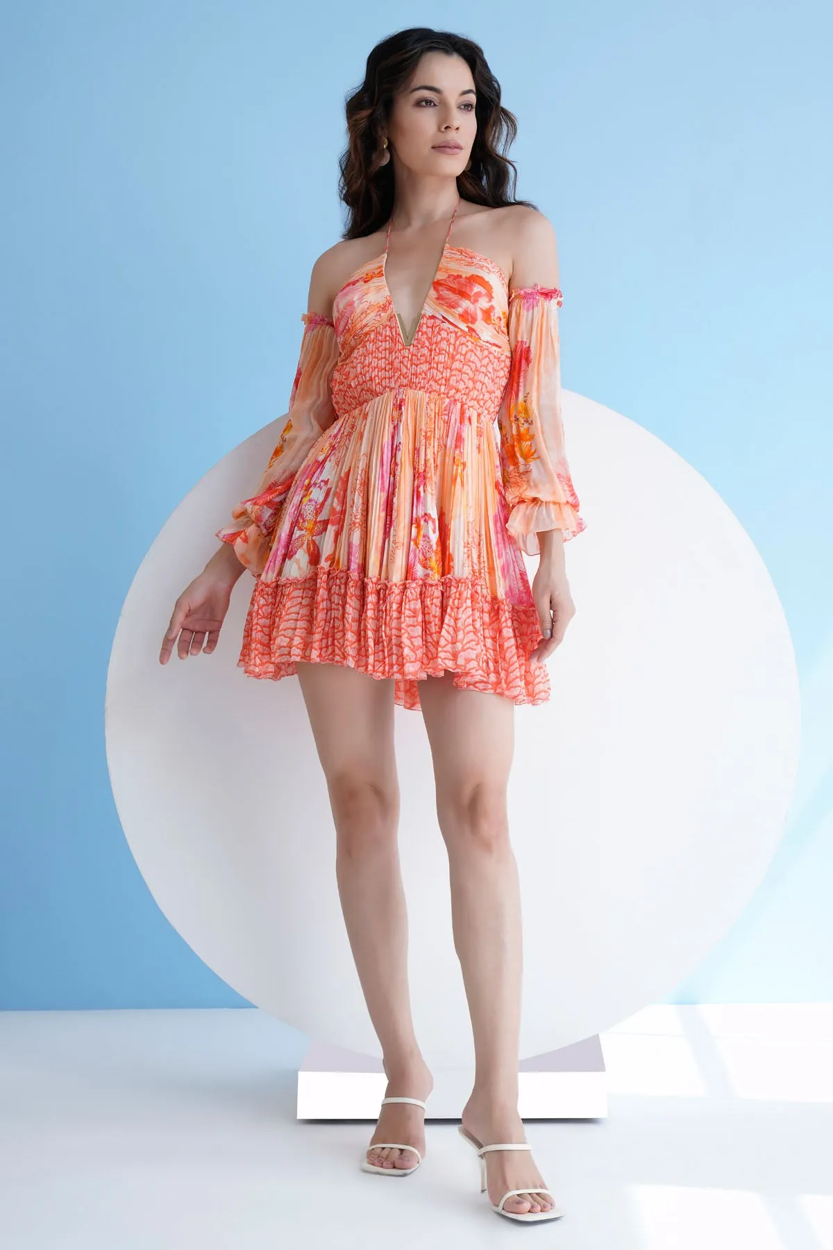 Orange Printed Short Dress