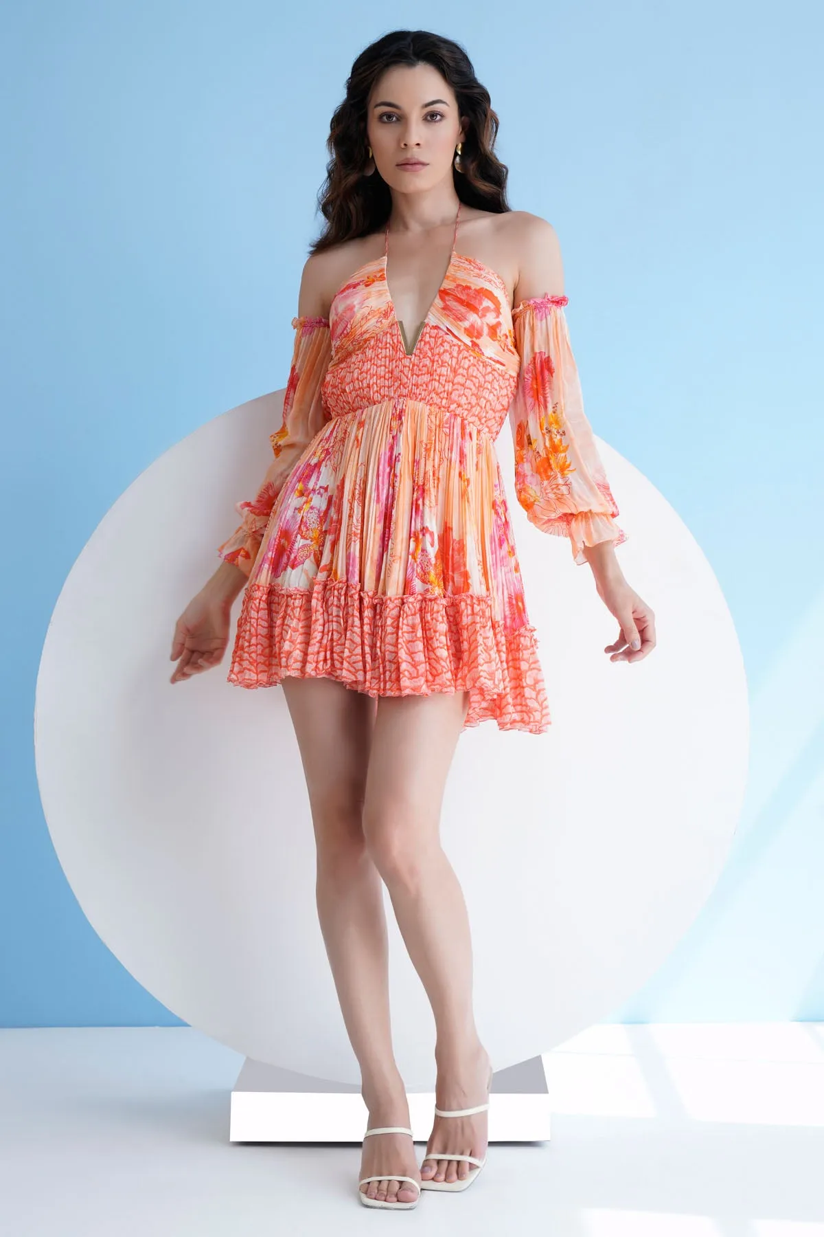 Orange Printed Short Dress