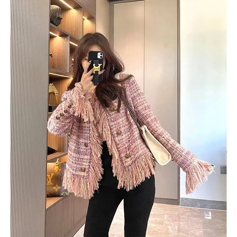 Pink Tassel Fragrant Tweed Suit Coat Female Autumn Winter New Thickened Retro Double-Breasted Women Blazers