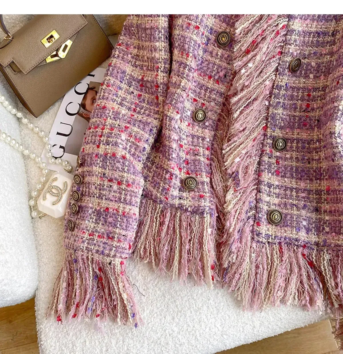 Pink Tassel Fragrant Tweed Suit Coat Female Autumn Winter New Thickened Retro Double-Breasted Women Blazers