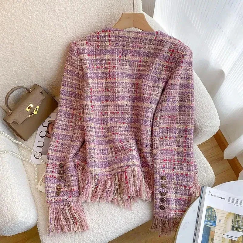 Pink Tassel Fragrant Tweed Suit Coat Female Autumn Winter New Thickened Retro Double-Breasted Women Blazers