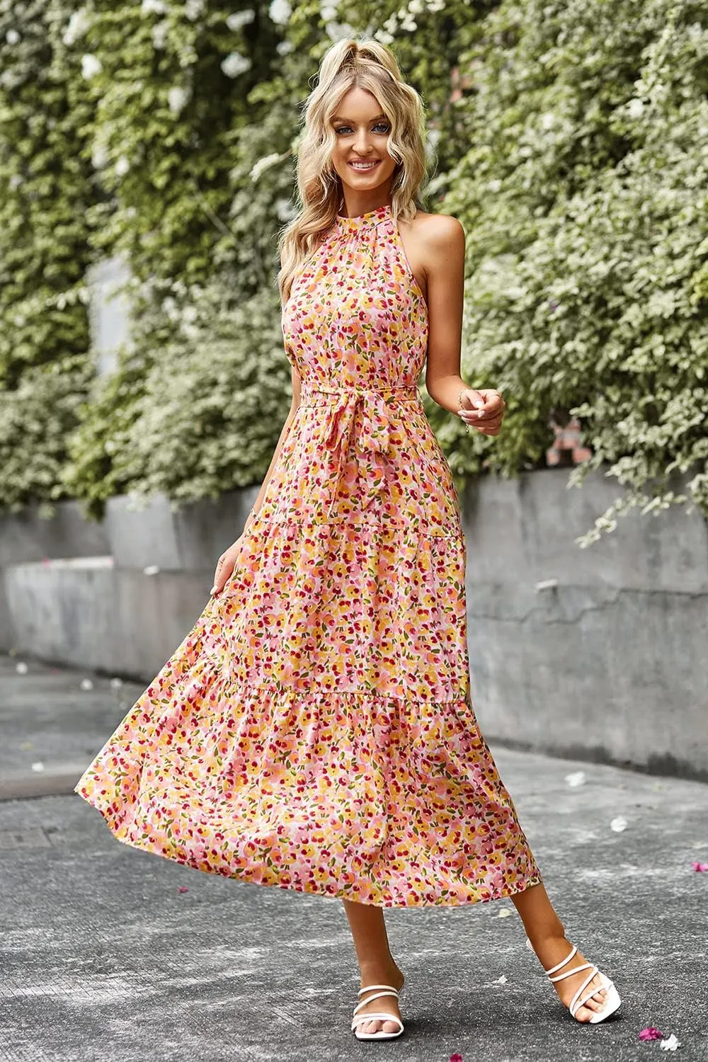 PRETTYGARDEN Women's Summer Floral Maxi Sun Dress Sleeveless Halter Neck Flowy Ruffle Hem Long Boho Dresses with Belt