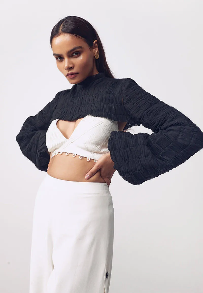 Puffed Pleated Bust Crop Top in Black