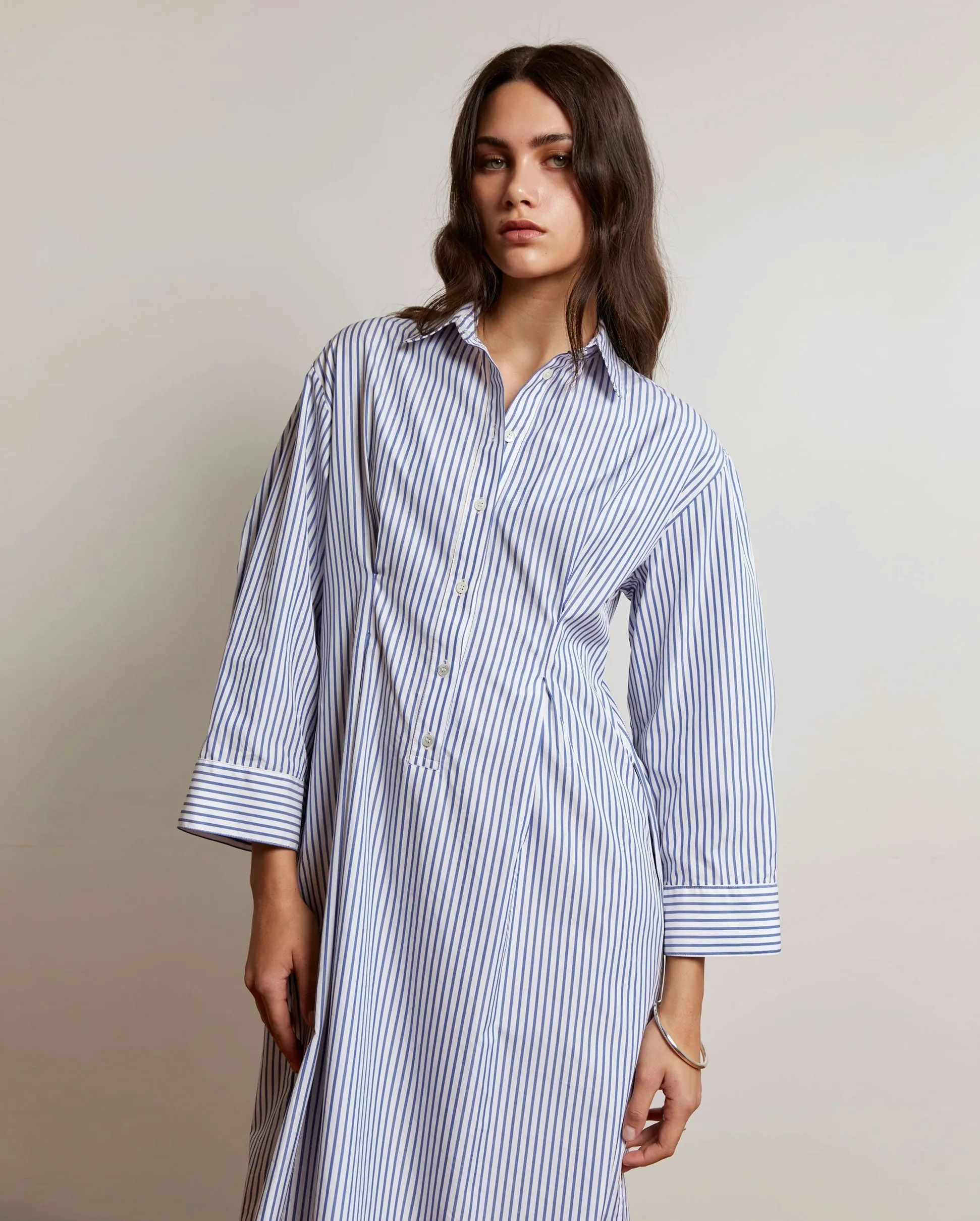 PULLOVER SHIRT DRESS / DARK BLUE & WHITE