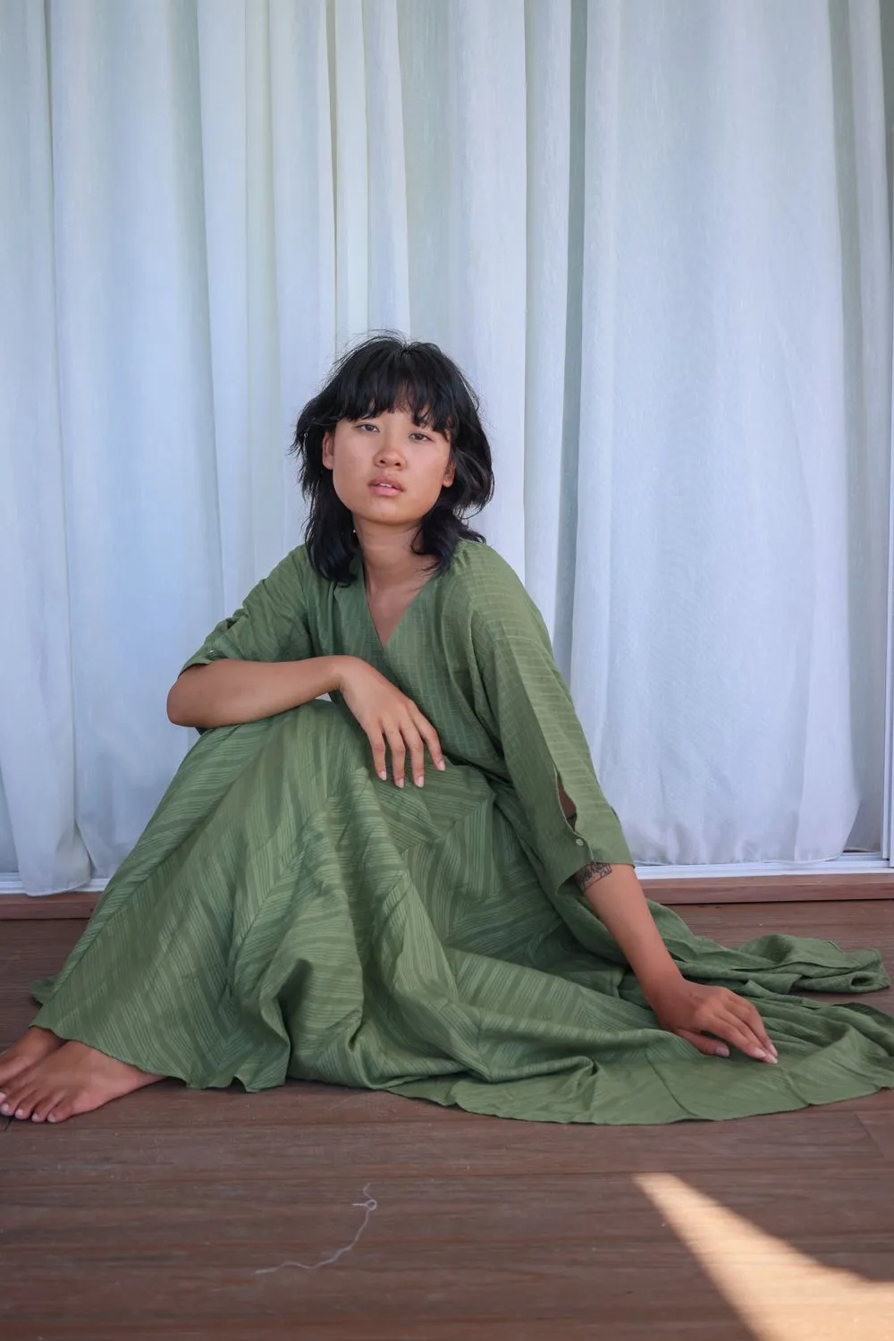 Recycled Cotton Green Solid Midi Dress