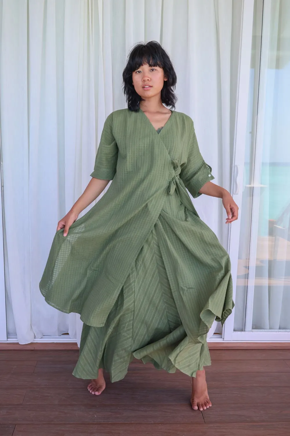 Recycled Cotton Green Solid Midi Dress
