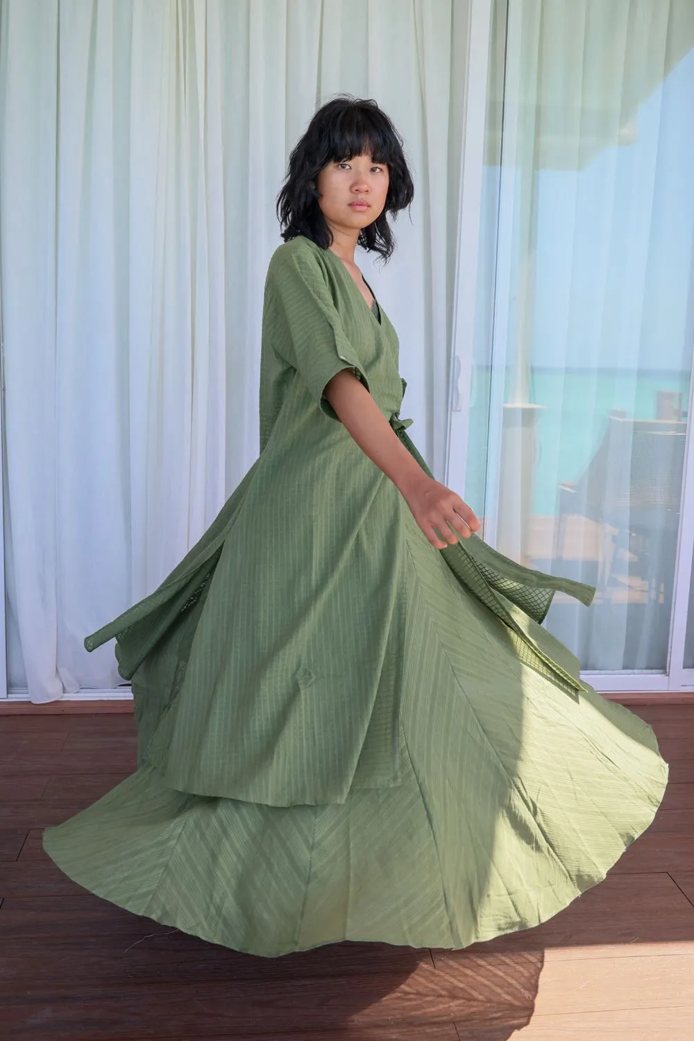 Recycled Cotton Green Solid Midi Dress