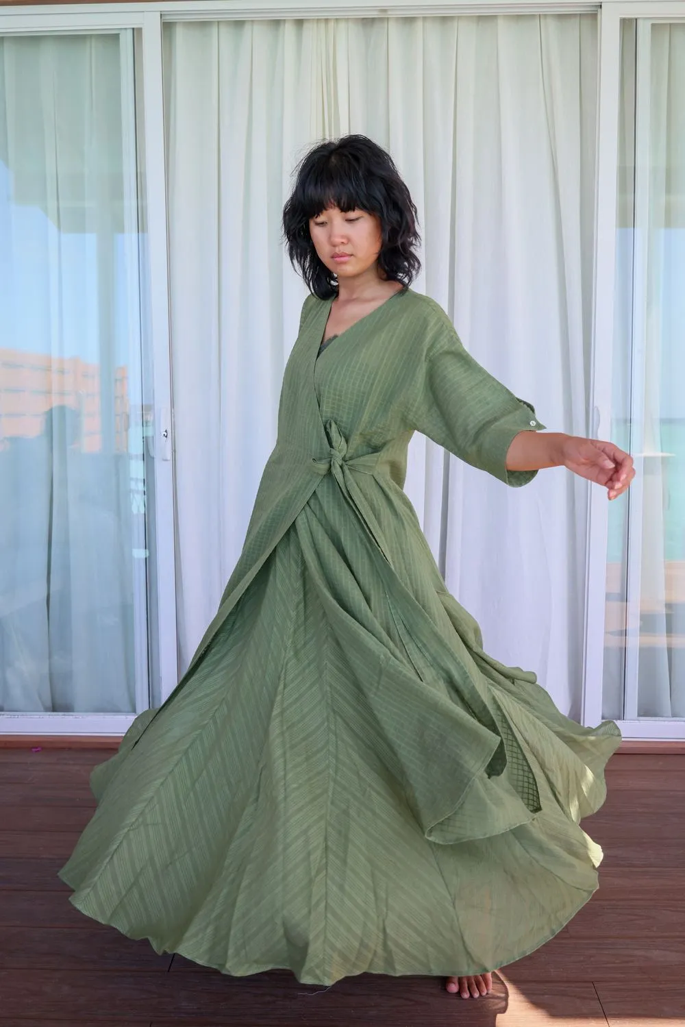 Recycled Cotton Green Solid Midi Dress