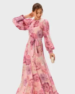 Rose Print Georgette Sash Tie Dress | Rose