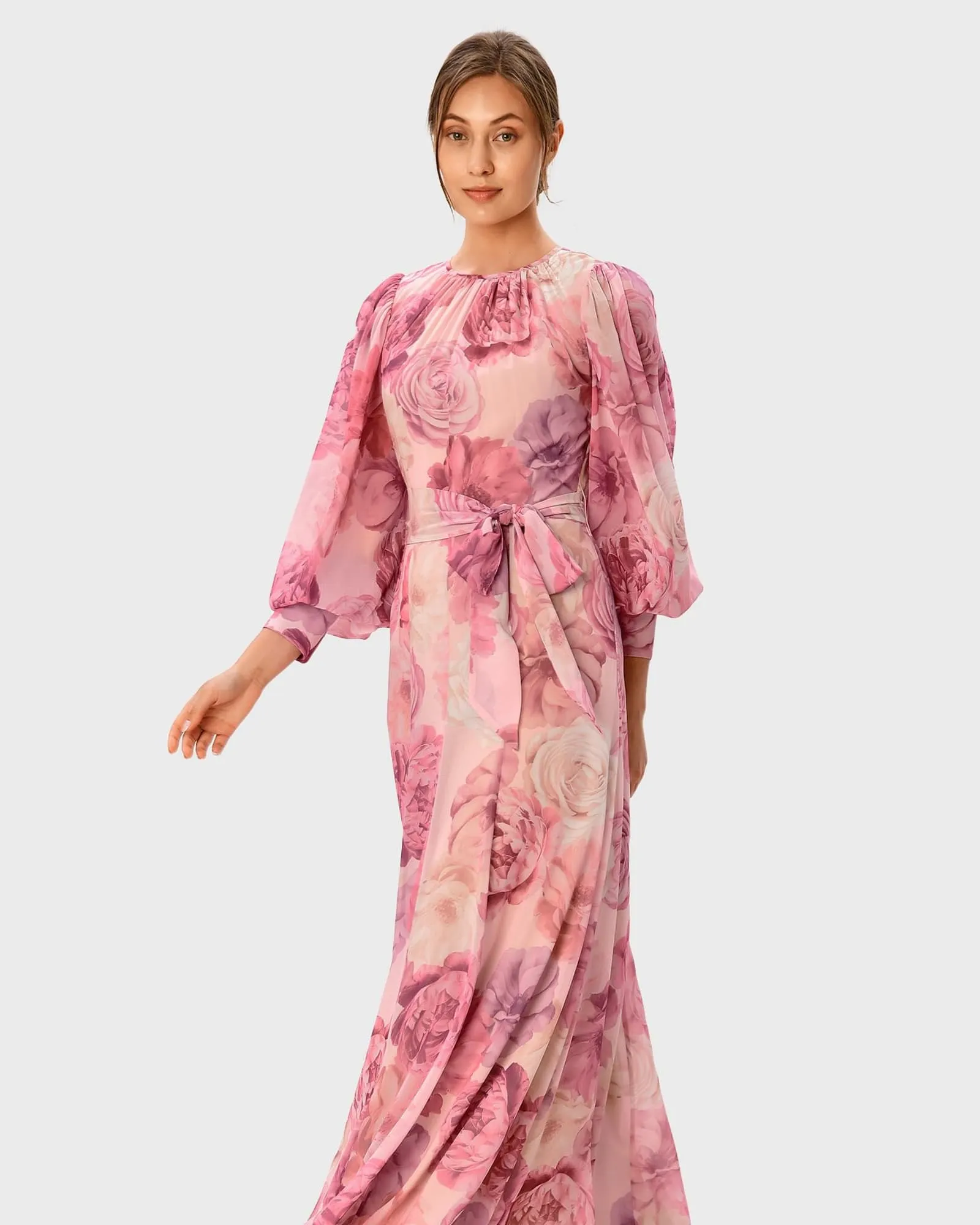 Rose Print Georgette Sash Tie Dress | Rose