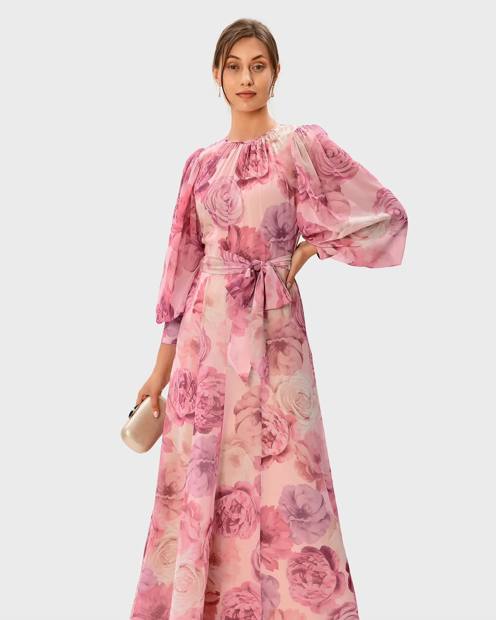 Rose Print Georgette Sash Tie Dress | Rose