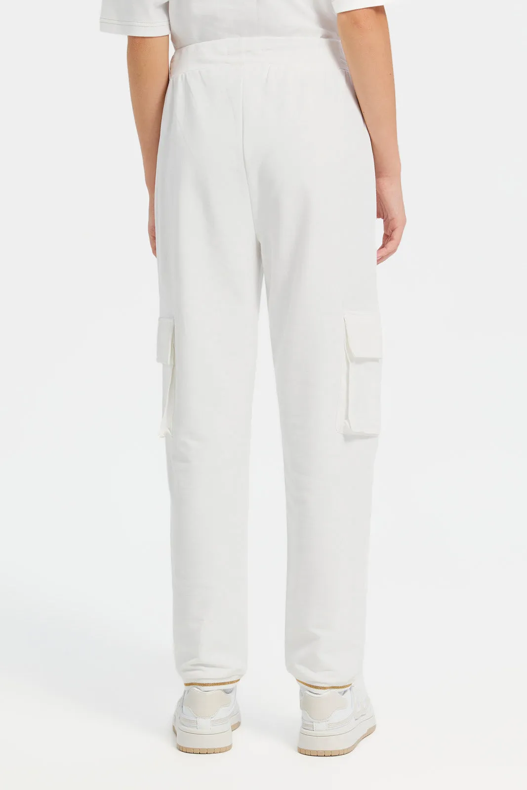 Senior Girls White Printed Joggers With Tape