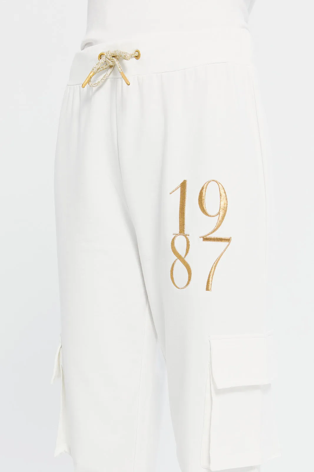 Senior Girls White Printed Joggers With Tape