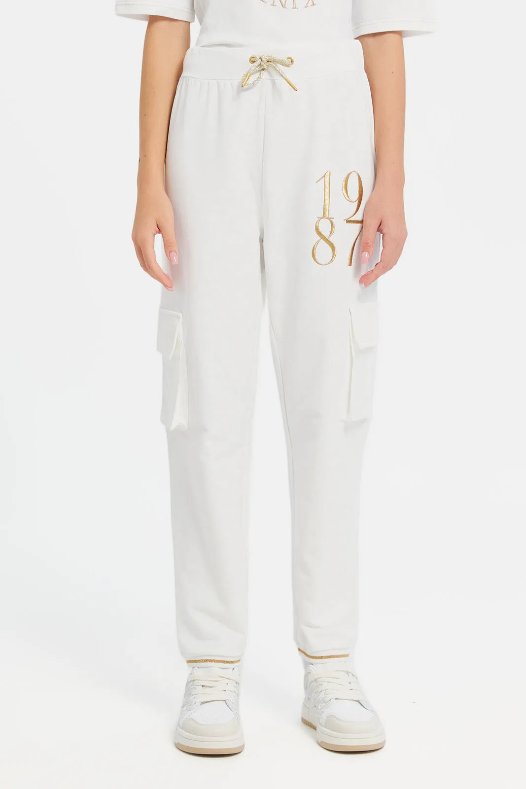 Senior Girls White Printed Joggers With Tape