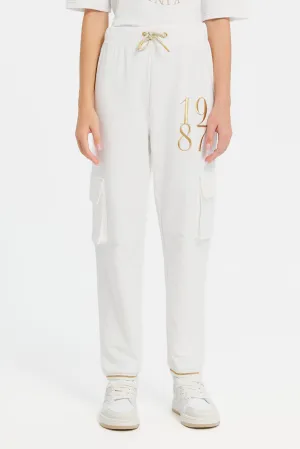 Senior Girls White Printed Joggers With Tape