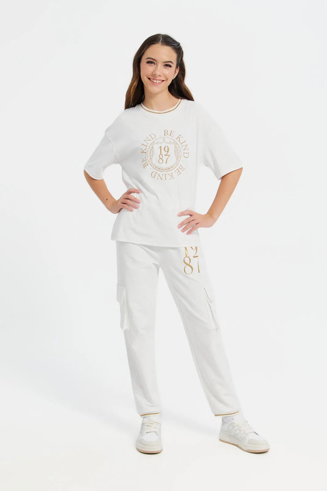Senior Girls White Printed Joggers With Tape