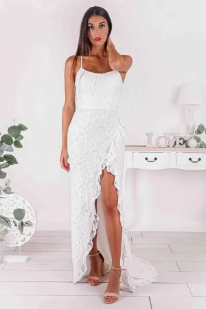 Slit Mermaid Strapless Spaghetti Straps Prom Dress with Lace Applique