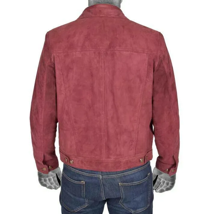 Spine Spark Burgundy Soft Suede Leather Trucker Style Jacket