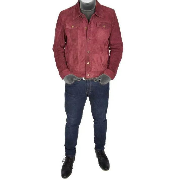 Spine Spark Burgundy Soft Suede Leather Trucker Style Jacket