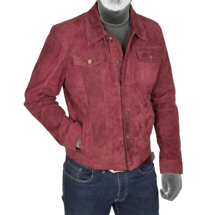Spine Spark Burgundy Soft Suede Leather Trucker Style Jacket