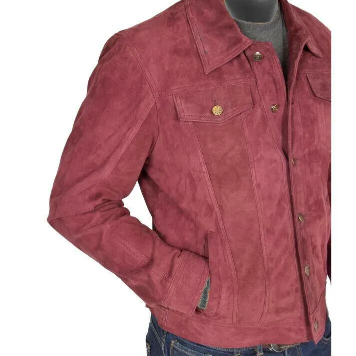 Spine Spark Burgundy Soft Suede Leather Trucker Style Jacket