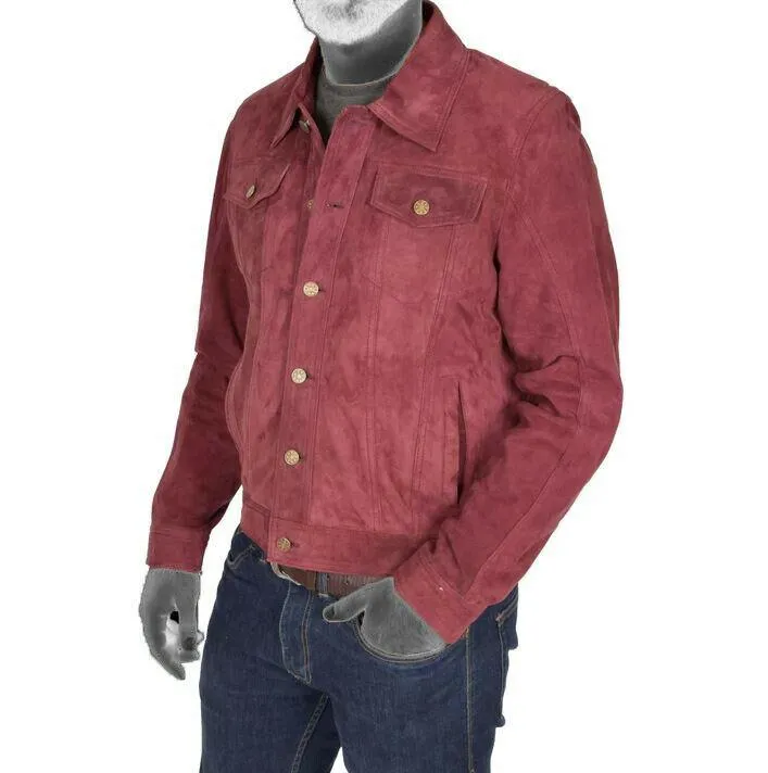 Spine Spark Burgundy Soft Suede Leather Trucker Style Jacket