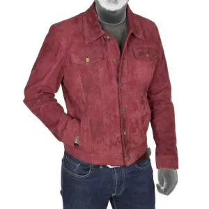 Spine Spark Burgundy Soft Suede Leather Trucker Style Jacket